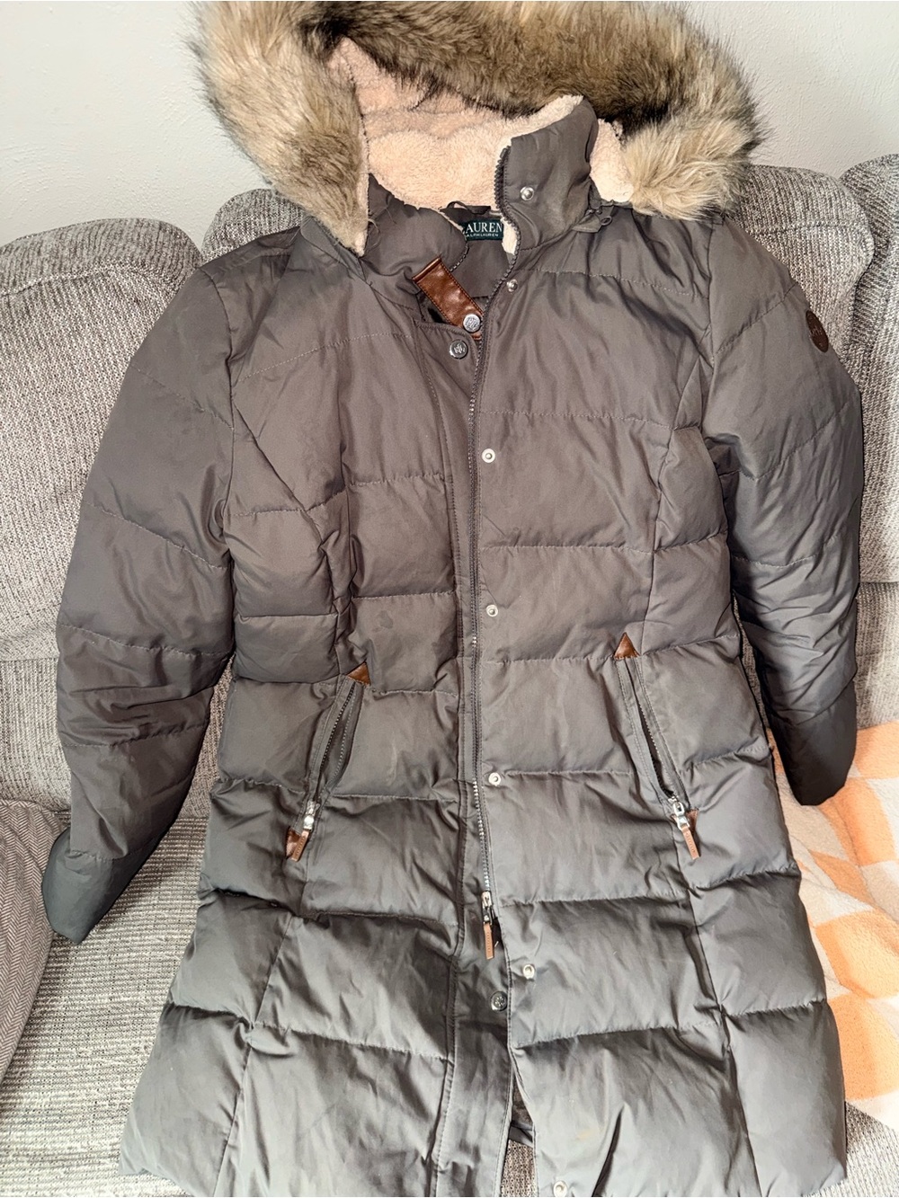 Lauren Ralph Lauren Taupe Brown Quilted Puffer Coat with Faux Fur Hood